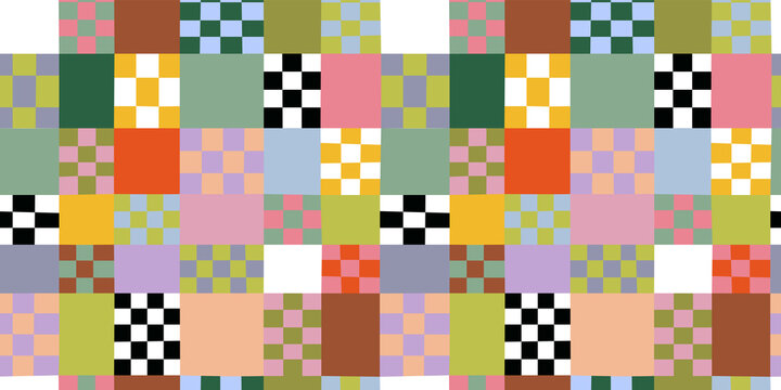 Colorful geometric mosaic seamless pattern. Abstract square patchwork background illustration. Creative irregular grid shape wallpaper print.