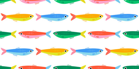 Colorful fish animal seamless pattern. Summer background design. Vacation travel concept. Fishing activity flat cartoon backdrop illustration. © Dedraw Studio