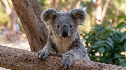 Fototapeta premium Koala bear sits calmly on a wooden perch watching zoo visitors from a high vantage point.