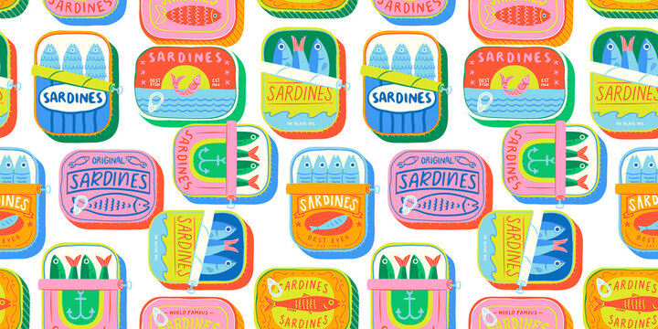 Funny hand drawn canned fish cartoon seamless pattern. Colorful tinned sardines sea food background illustration. Sardine can drawing surface print.
