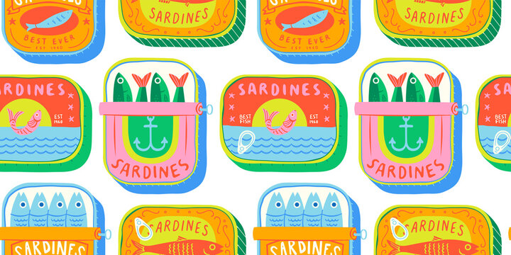 Funny hand drawn canned fish cartoon seamless pattern. Colorful tinned sardines sea food background illustration. Sardine can drawing surface print.