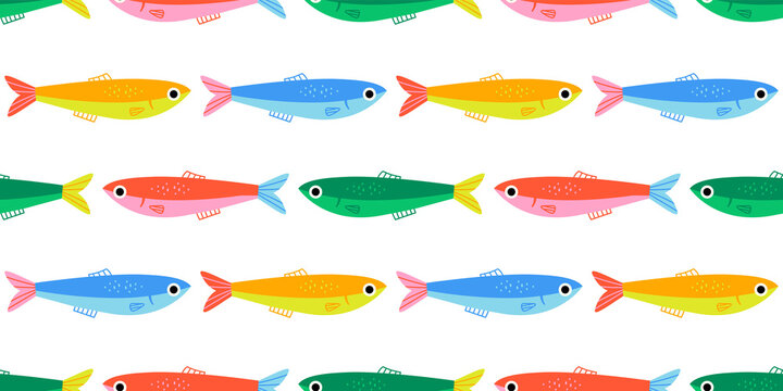 Colorful fish animal seamless pattern. Summer background design. Vacation travel concept. Fishing activity flat cartoon backdrop illustration.