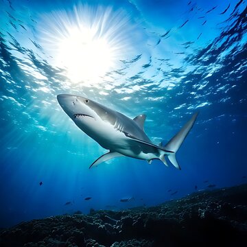 Majestic shark cruises through sunlit ocean depths