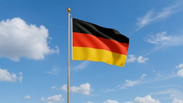 The Germany flag flies against a bright blue sky.