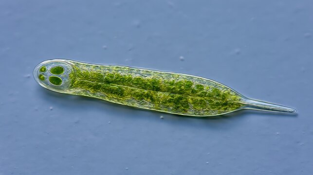 Microscopic view shows a Phacus pleuronectes with its characteristic striated pellicle and bright green chloroplasts using DIC imaging.
