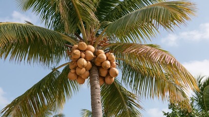 Fototapeta premium Tropical palm tree displays abundant cluster of ripe brown coconuts hanging among green fronds.