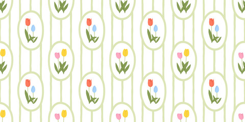 Naklejka premium Vintage tulip flower bouquet art seamless pattern illustration. Retro nature floral background in hand drawn style. Spring season garden decoration texture, natural textile drawing print.