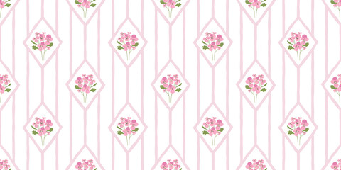 Naklejka premium Vintage lavender flower bouquet art seamless pattern illustration. Retro nature floral background in hand drawn style. Spring season garden decoration texture, natural textile drawing print.