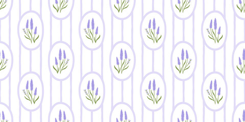 Naklejka premium Vintage lavender flower bouquet art seamless pattern illustration. Retro nature floral background in hand drawn style. Spring season garden decoration texture, natural textile drawing print.
