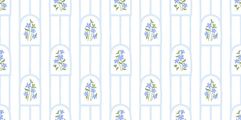 Naklejka premium Vintage periwinkle flower bouquet art seamless pattern illustration. Retro nature floral background in hand drawn style. Spring season garden decoration texture, natural textile drawing print.