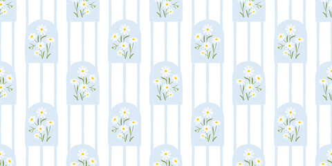 Naklejka premium Vintage daisy flower bouquet art seamless pattern illustration. Retro nature floral background in hand drawn style. Spring season garden decoration texture, natural textile drawing print.