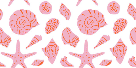 Diverse tropical beach sea shell seamless pattern. Summer marine animal background design. Vacation travel concept. Ocean snail collection flat cartoon backdrop illustration. © Dedraw Studio