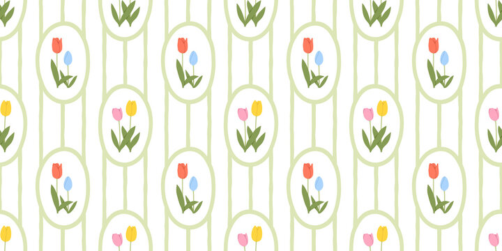 Vintage tulip flower bouquet art seamless pattern illustration. Retro nature floral background in hand drawn style. Spring season garden decoration texture, natural textile drawing print.