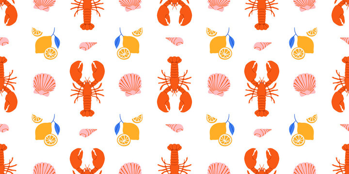Vintage lobster seamless pattern. Italian sea food background illustration in hand drawn style. Retro mediterranean beach surface print design, summer vacation texture.