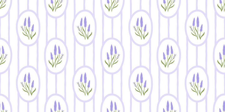 Vintage lavender flower bouquet art seamless pattern illustration. Retro nature floral background in hand drawn style. Spring season garden decoration texture, natural textile drawing print.