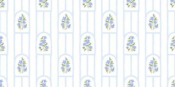 Vintage periwinkle flower bouquet art seamless pattern illustration. Retro nature floral background in hand drawn style. Spring season garden decoration texture, natural textile drawing print.