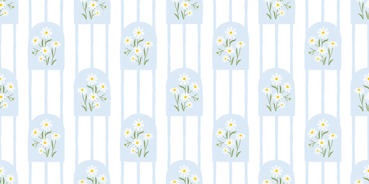 Vintage daisy flower bouquet art seamless pattern illustration. Retro nature floral background in hand drawn style. Spring season garden decoration texture, natural textile drawing print.