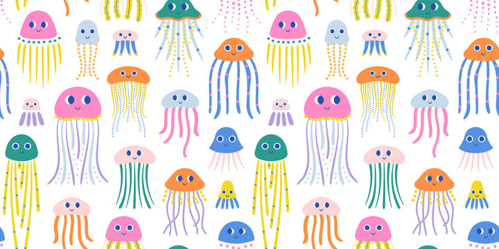 Colorful jellyfish seamless pattern. Summer marine animal background print. Vacation travel surface design. Tropical beach flat cartoon backdrop illustration.