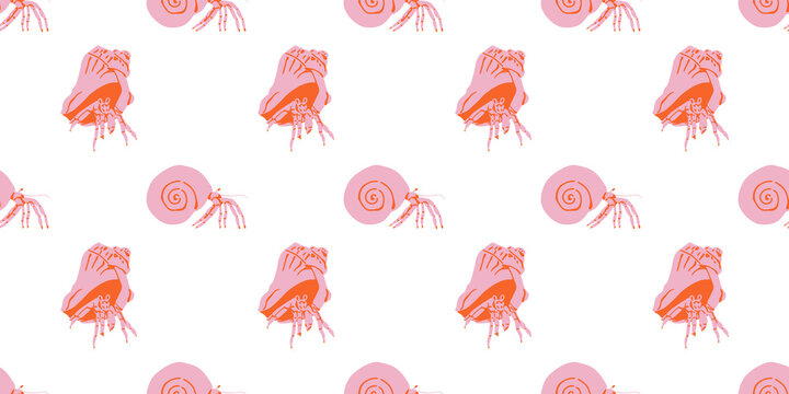 Hermit crab sea shell seamless pattern. Summer marine animal background design. Beach vacation travel concept. Ocean wildlife flat cartoon backdrop illustration.
