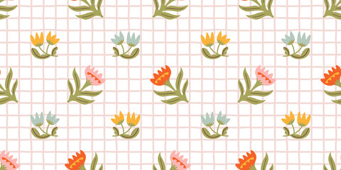 Naklejka premium Colorful floral seamless pattern illustration. Vintage style flower plaid background design. Geometric natural wallpaper print, spring season nature backdrop texture with flowers.