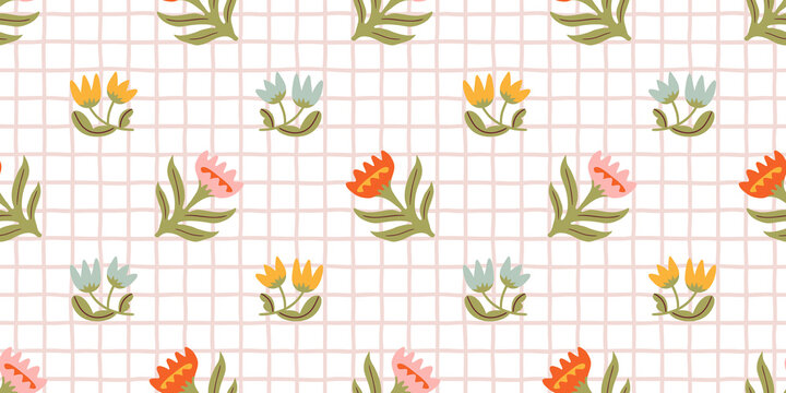 Colorful floral seamless pattern illustration. Vintage style flower plaid background design. Geometric natural wallpaper print, spring season nature backdrop texture with flowers.