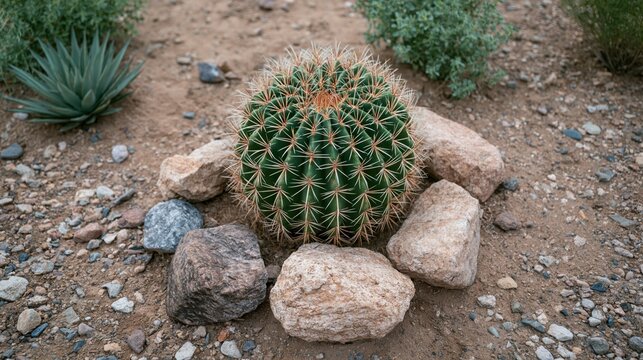 Overhead perspective of round spiky cactus nestled in gray mineral rocks on parched soil.