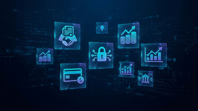 Digital financial icons representing banking, security, and market trends float in a futuristic blue technological environment.