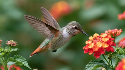 Fototapeta premium Small colorful hummingbird hovering near a vibrant pink flower to gather nectar, set against a backdrop of a lush green lawn on a bright summer day.