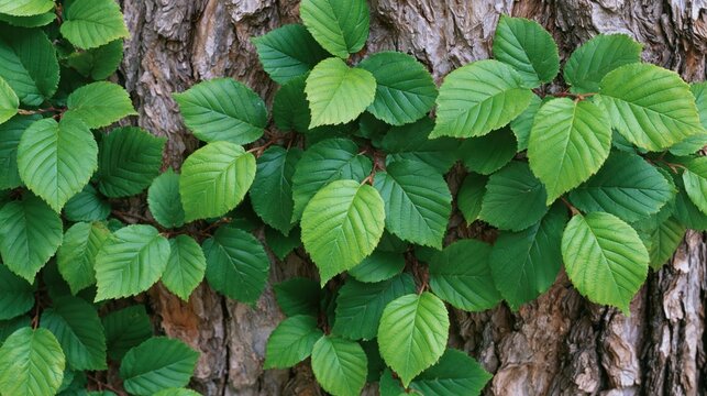 Fresh alder foliage overlapping deeply fissured tree bark, highlighting the contrast between soft leaf veins and the hard, rugged surface of the trunk.