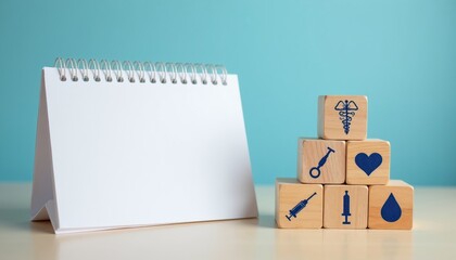 Blank desk calendar next to wooden blocks with health icons like heart, syringe, and caduceus symbol. Represents medical planning, appointments, and health care organization.