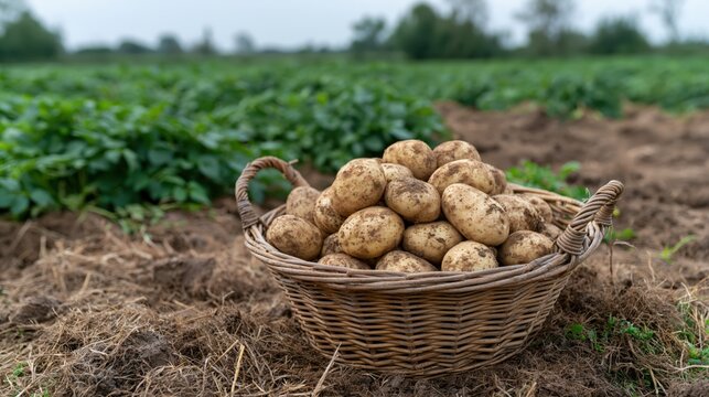 Close-up of golden organic potatoes scattered on the dark soil of a vibrant green farm field, capturing the essence of traditional agricultural harvest.