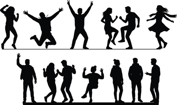 Two rows of people silhouettes in dynamic poses symbolizing dancing, jumping, social interaction, celebration, and expressive human movement