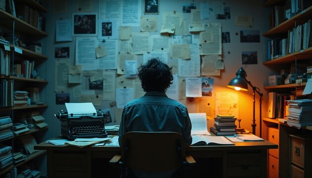 Person works late at cluttered desk with typewriter and papers on wall. Investigator studies clues in dim light creating mystery atmosphere. Old books surround workspace, desk lamp brightens scene.