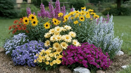 Naklejka premium Close-up of a dense floral cluster with vivid perennial blossoms in contrasting hues, ideal for high-quality botanical backgrounds.