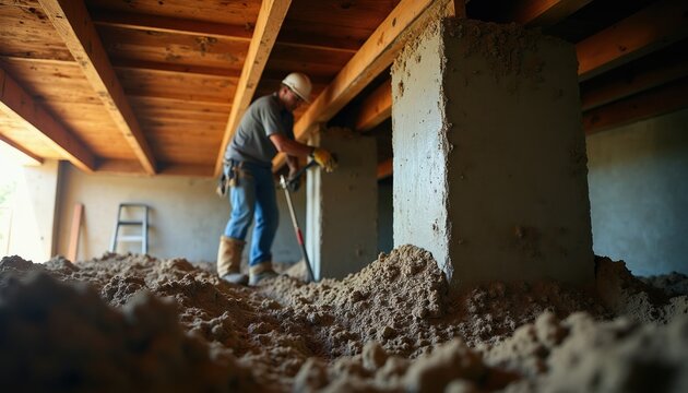 Construction worker applies concrete to reinforce house foundation beams in crawl space. Ensuring structural integrity and long term home safety for property owners.