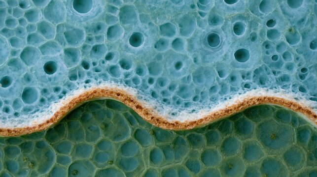 Microscopic view of a natural plant tissue section revealing detailed stomata structures and cellular patterns with ample copy space for scientific labels.