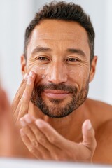 Naklejka premium Man with beard applying face cream in bathroom mirror, showcasing skincare routine with natural light illuminating his facial features and clean background