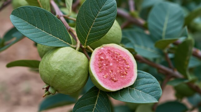 Fresh sliced guava fruits of Psidium guajava showing vibrant pink inner flesh and seeds on a natural rustic background.