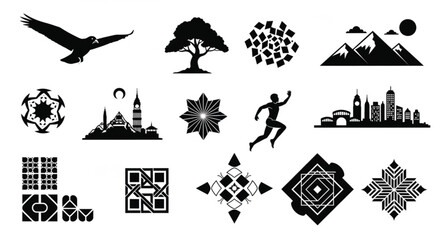 Obraz premium Black Silhouette Vector Icon Set Featuring Nature Landscapes, Mountain Peaks, City Skyline, Eagle, Running Athlete, Tree, Mandala Ornaments, and Geometric Tribal Patterns for Modern Graphic Design.