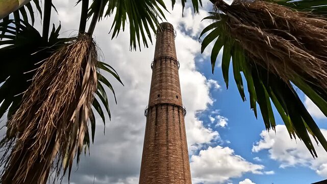 Tall brick industrial chimney framed by palm leaves under clouds