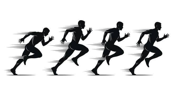 Running Man Silhouette Vector Set, Dynamic Sprinting Motion Sequence for Athletics and Fitness, Speed and Fast Pace Concept Art, Male Athlete Racing Sequence, Goal Achievement and Performance Design.