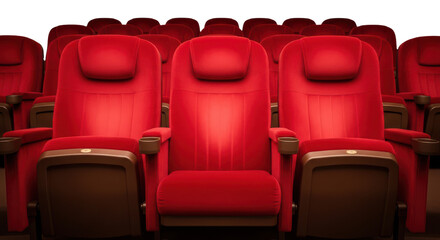 Fototapeta premium A row of red movie theater seats isolated on transparent background with brown armrests and cup holders