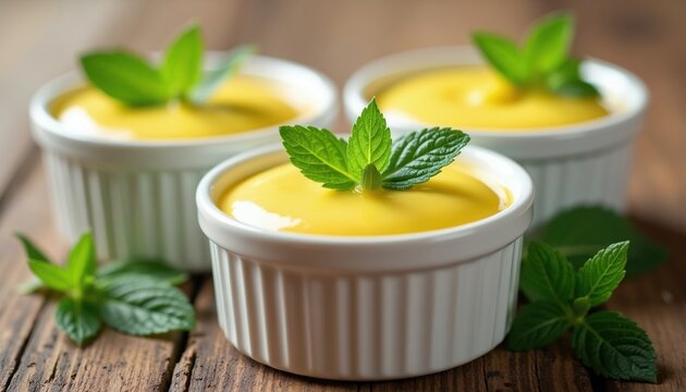Three creamy yellow desserts in white ramekins with fresh mint garnish. Set on a rustic wooden table background. These custards look smooth and delicious, perfect for a sweet treat.