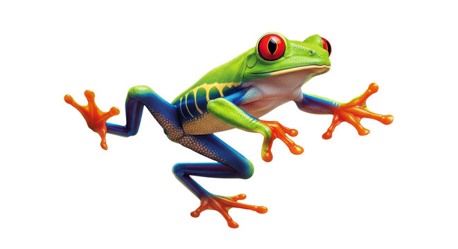 A colorful redeyed tree frog jumping isolated on transparent background with vibrant green and blue skin