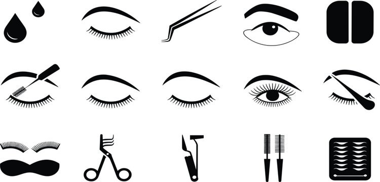 Icons representing eye care and makeup application tools and products Keywords: eye, makeup, beauty, cosmetic, mascara, eyelash