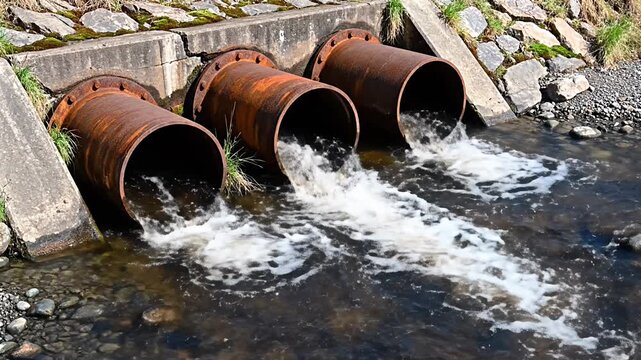 Three rusty drainage pipes discharging water into a rocky stream