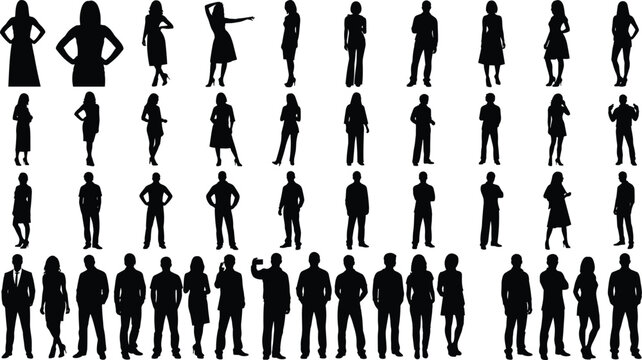 Professional large group of men and women black silhouette vector set in standing poses, casual fashion, business attire, various people figures collection for SEO.