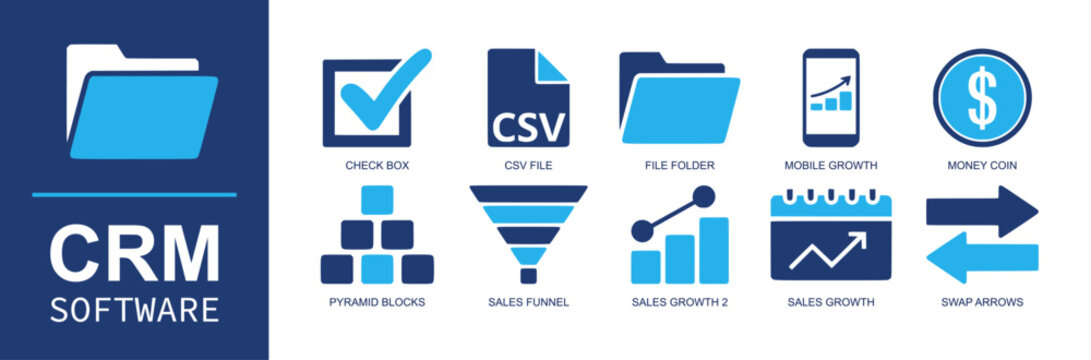 CRM software icon set. Containing check box, csv file, file folder, mobile growth, money coin, pyramid blocks, sales funnel, sales growth, swap arrows and more. Solid fill vector icons.