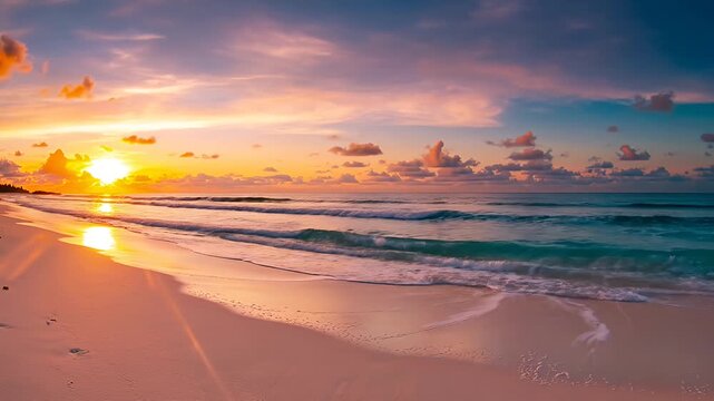 Tropical beach at sunset with golden light and ocean waves