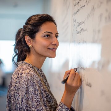 South Asian HR Tech Founder Presenting at Whiteboard in Bright Modern Office